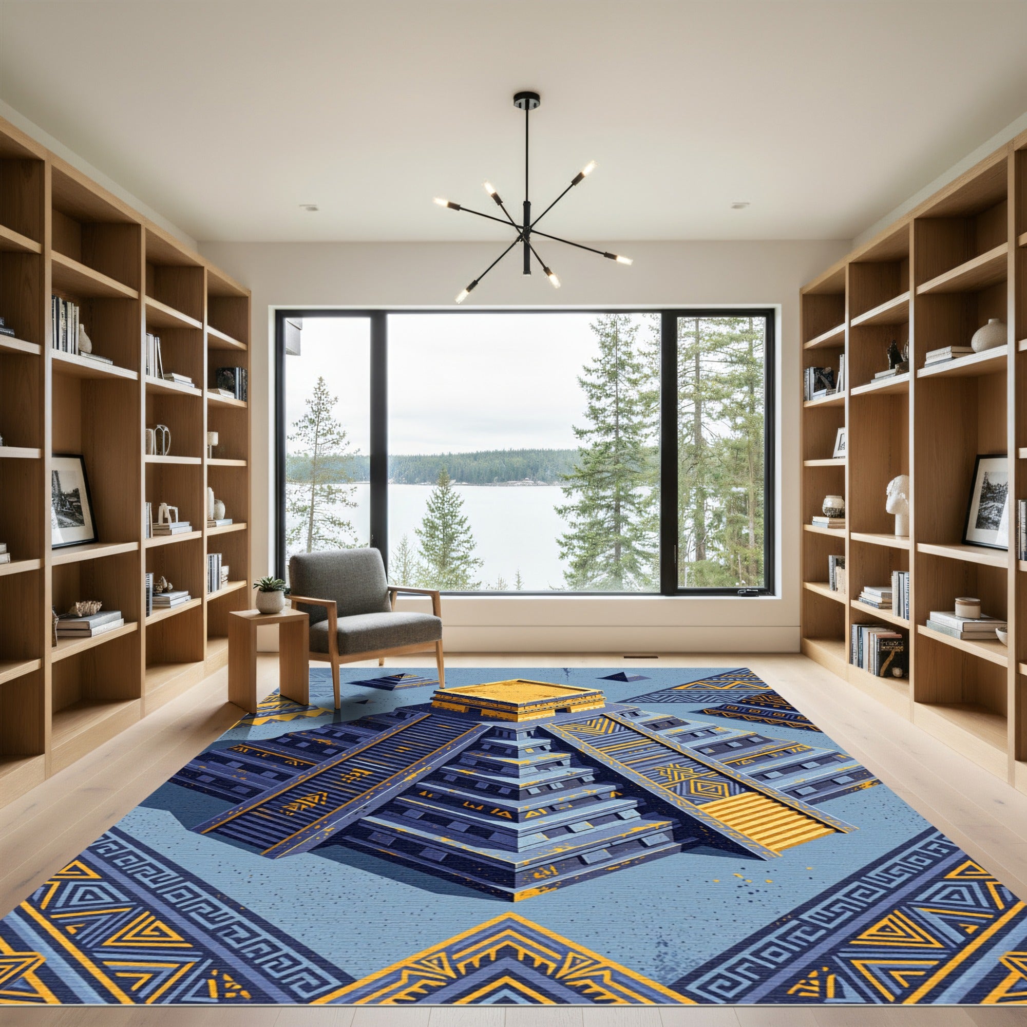 Golden Aztec Pyramid Celestial Navy Statement Rug