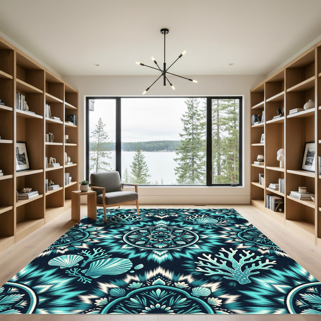 Teal Coral Shell Mandala Medallion Rug
