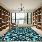 Teal Coral Shell Mandala Medallion Rug