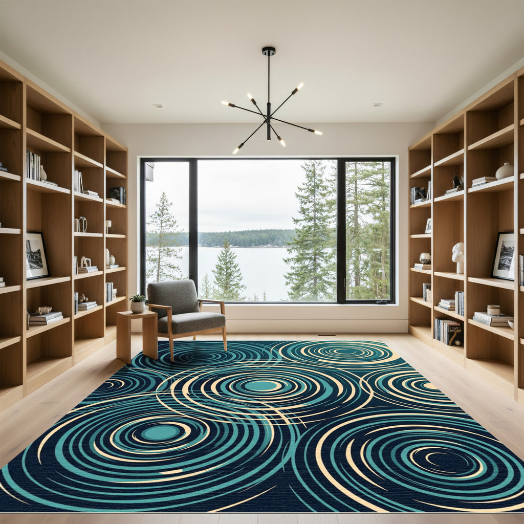 Teal and Cream Abstract Concentric Circles Rug