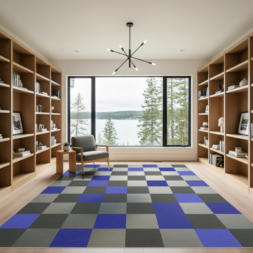 Modern Geometric Blue Silver Squares Rug