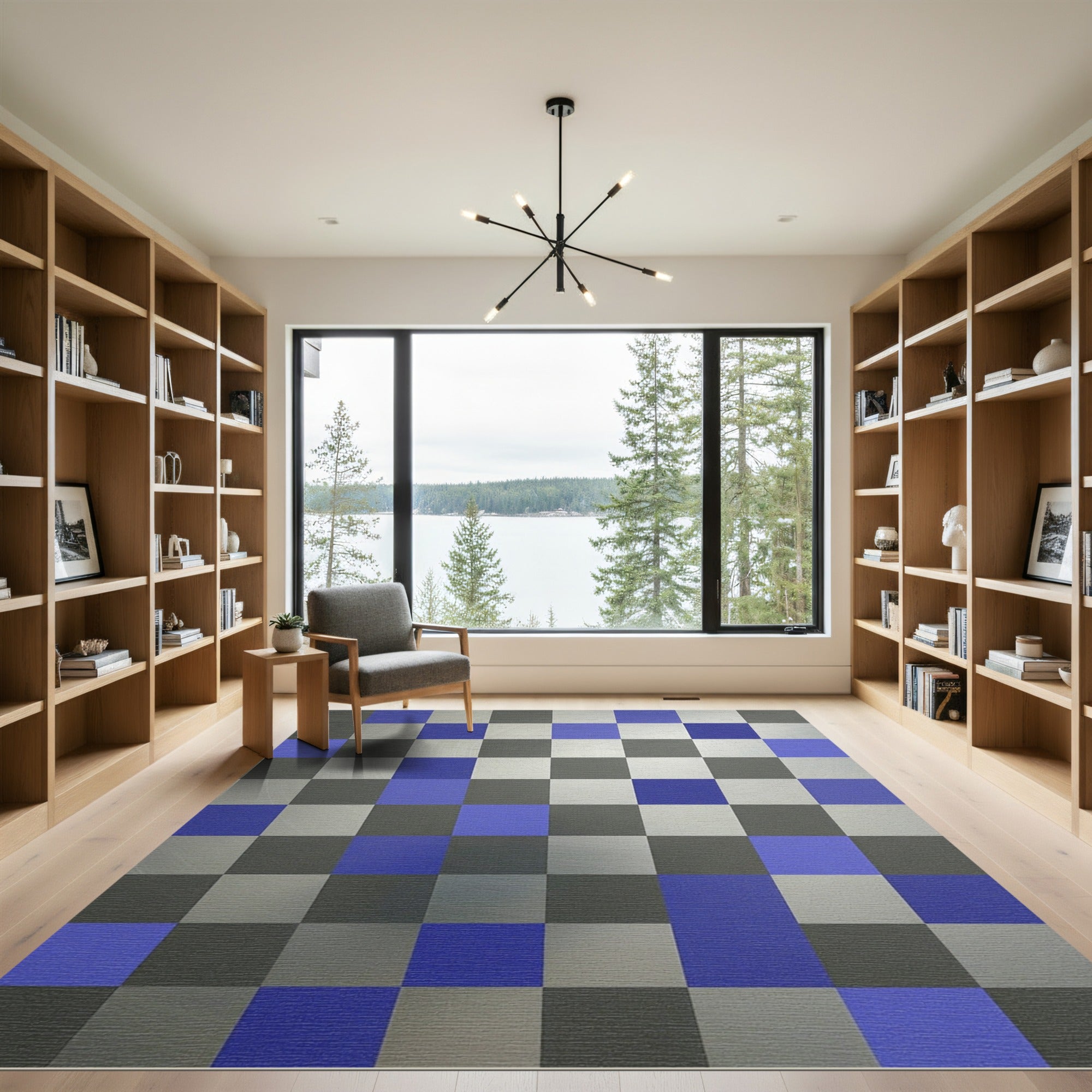 Modern Geometric Blue Silver Squares Rug