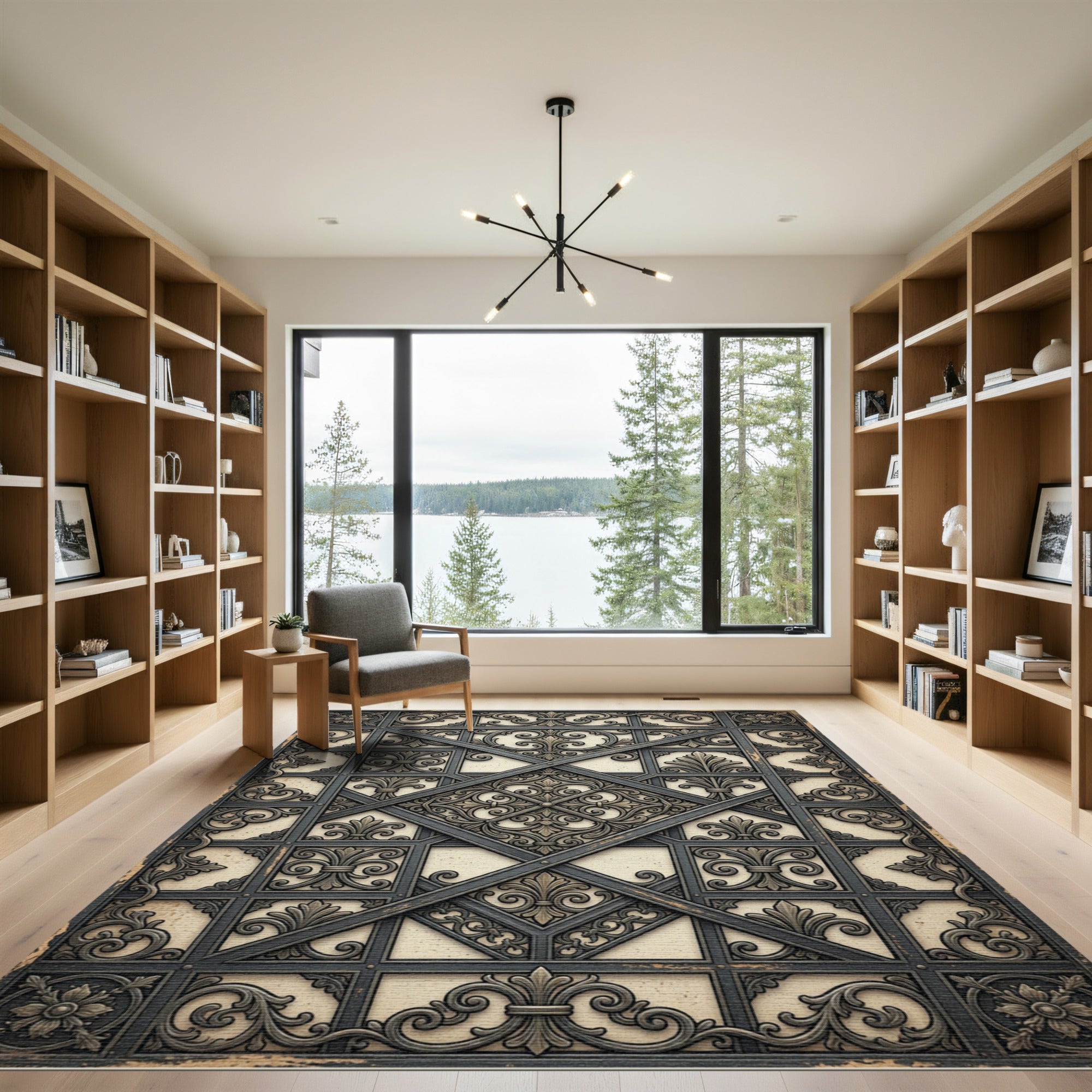 Ornate Gray Lattice Fleur-de-lis Rug