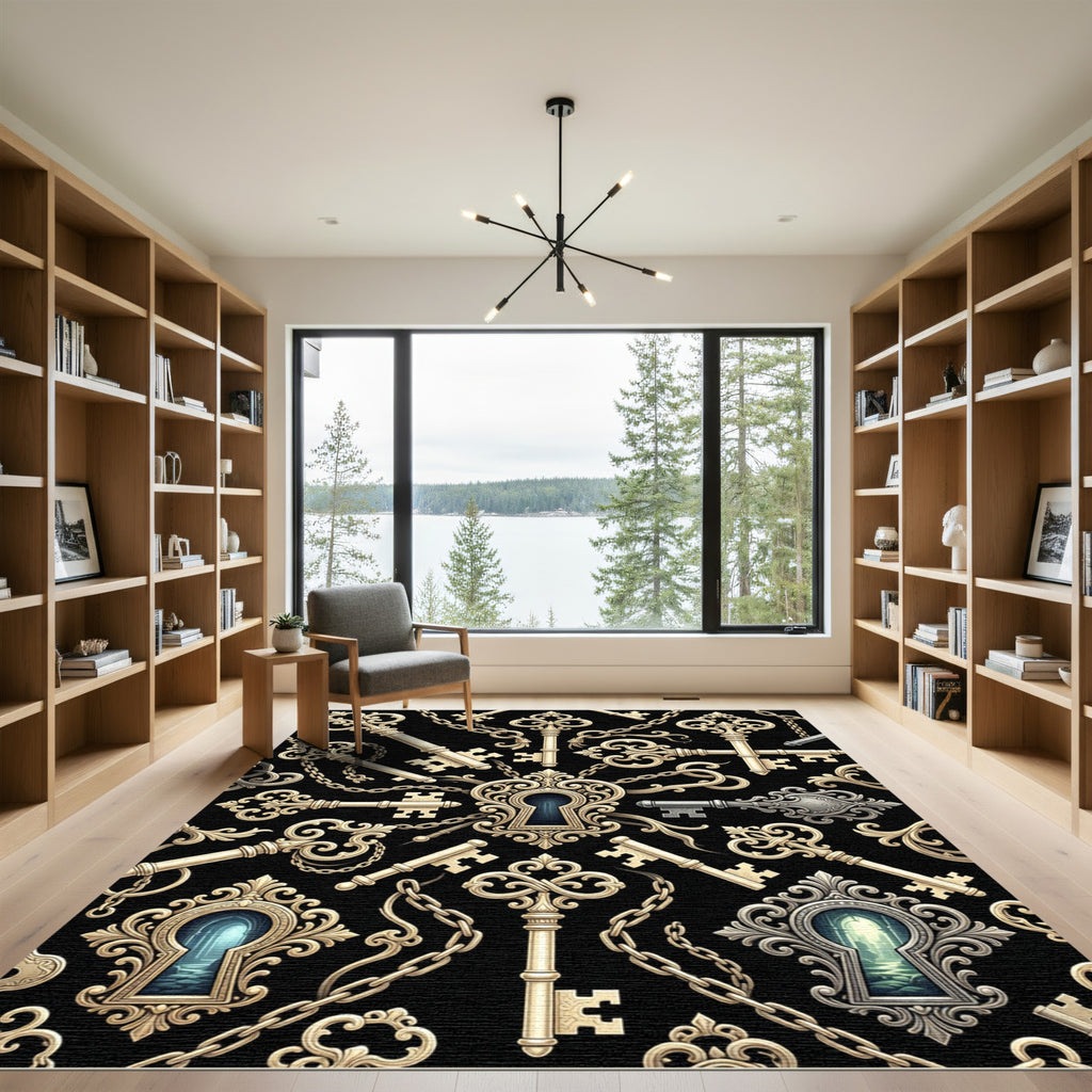 Ornate Golden Skeleton Key Black Backdrop Rug