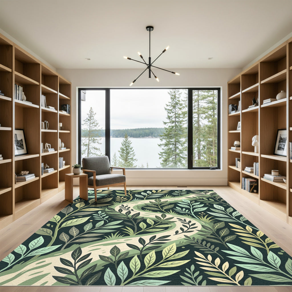 Lush Sage Green Winding Forest Path Rug