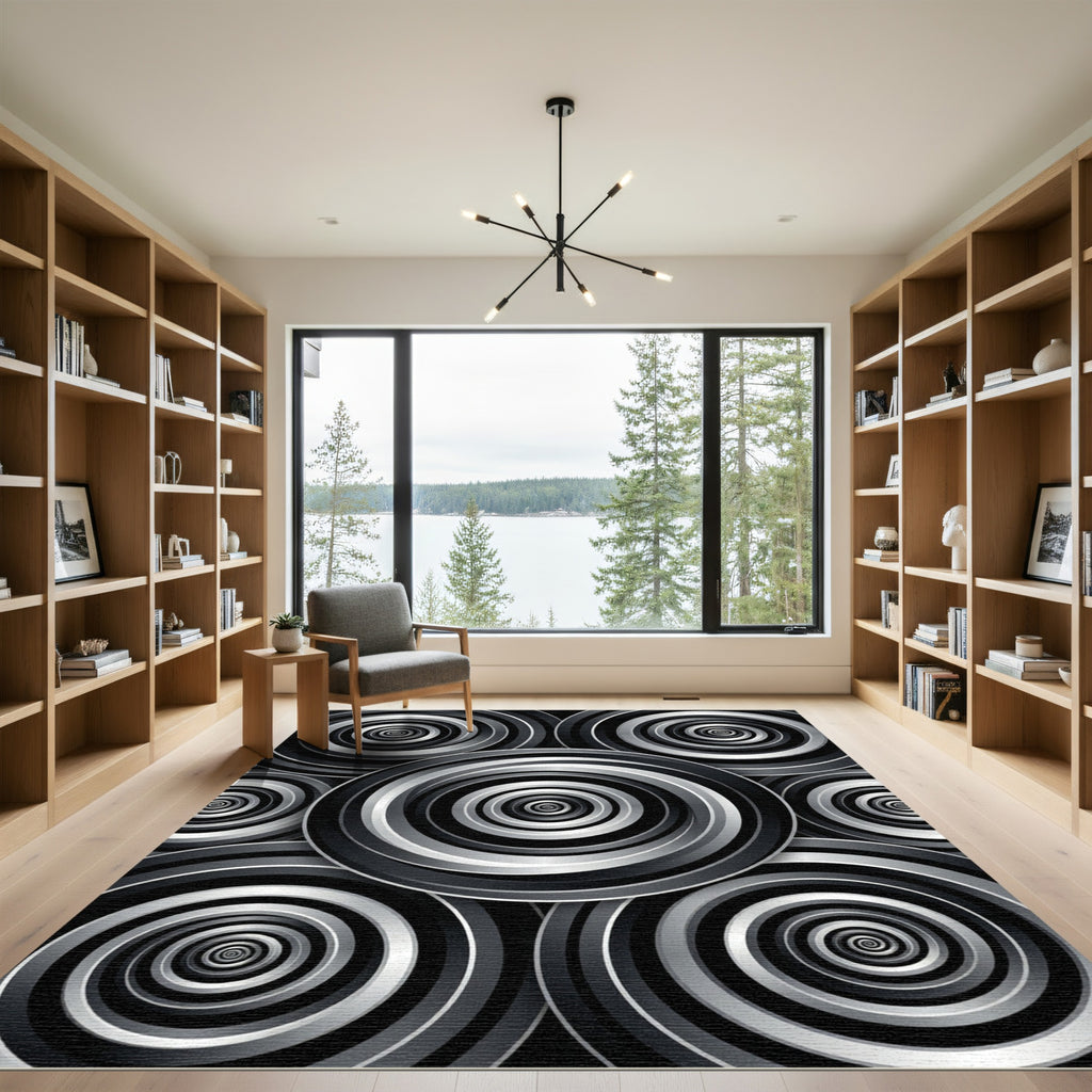 Monochrome Circular Hypnotic Spiral Rug