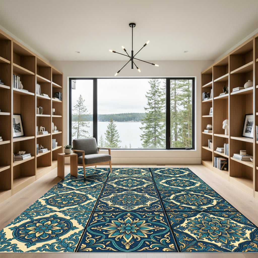 Blue Golden Floral Medallion Tiles Rug