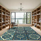 Blue Golden Floral Medallion Tiles Rug