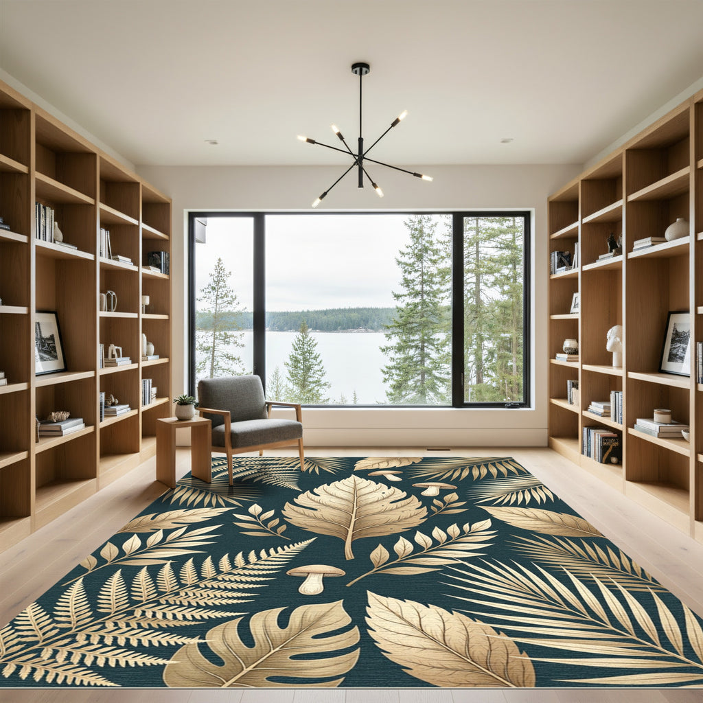 Golden Tropical Leaves and Mushrooms Rug
