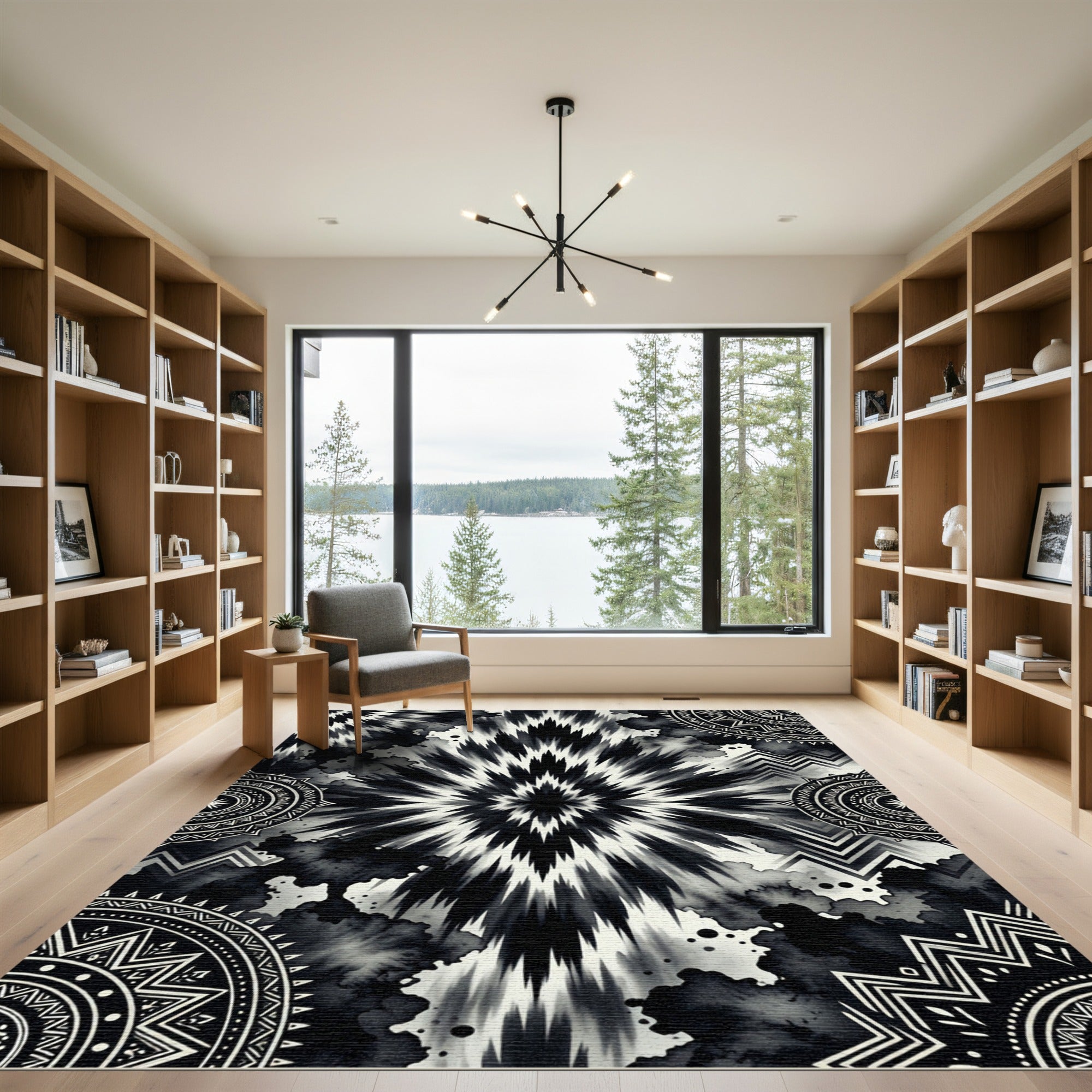 Monochromatic Tie Dye Mandalas and Zigzags Rug