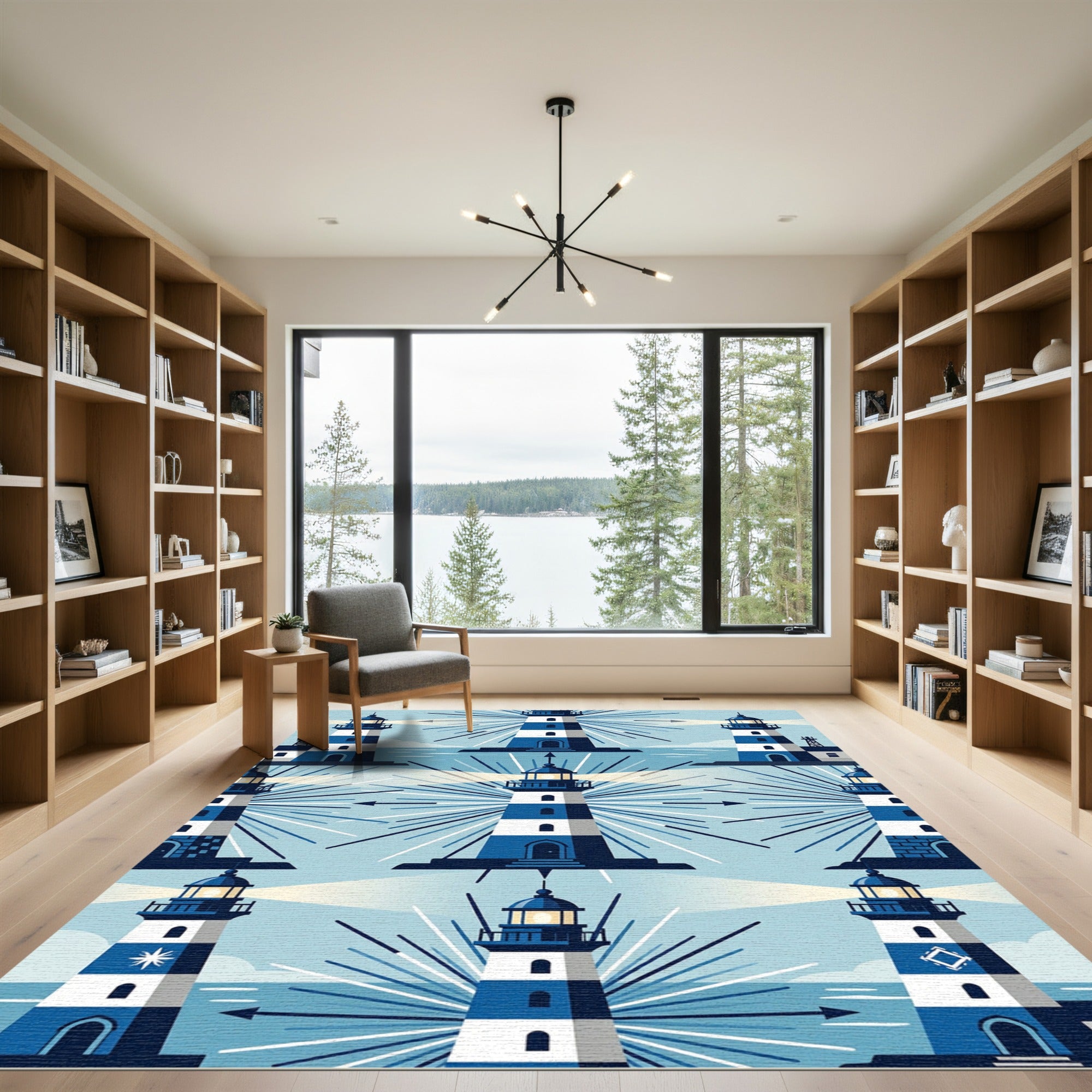 Nautical Blue And White Lighthouse Grid Rug