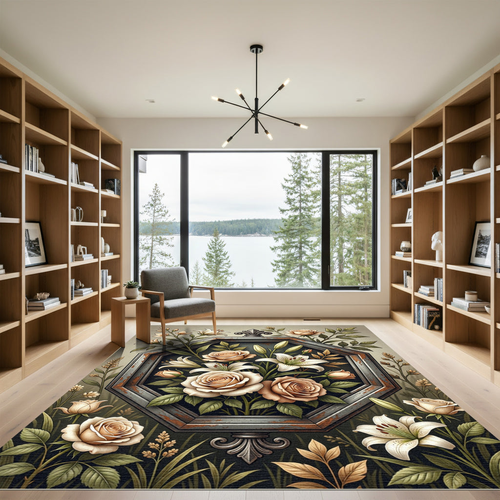 Vintage Floral Hexagon Rose Lily Frame Rug