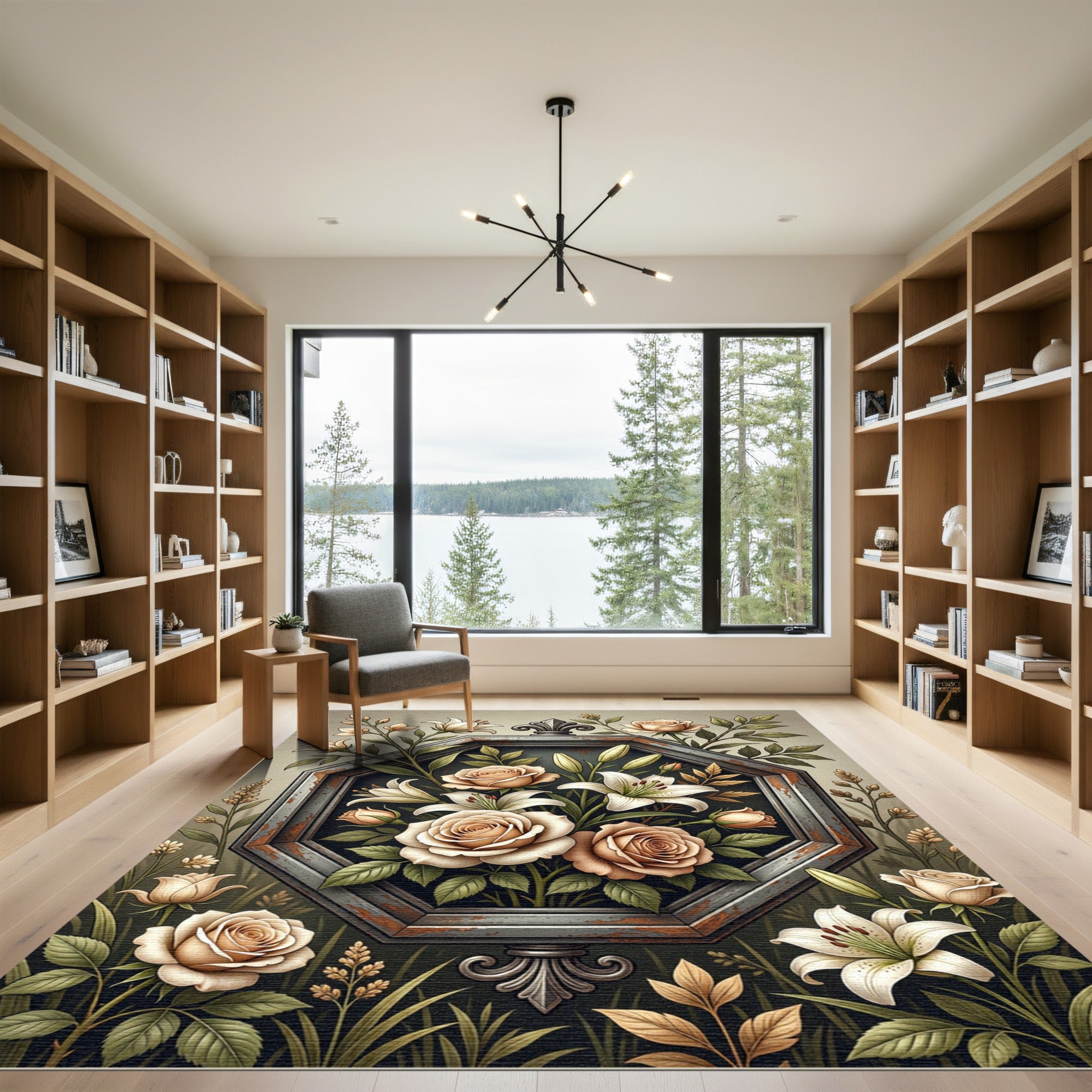 Vintage Floral Hexagon Rose Lily Frame Rug