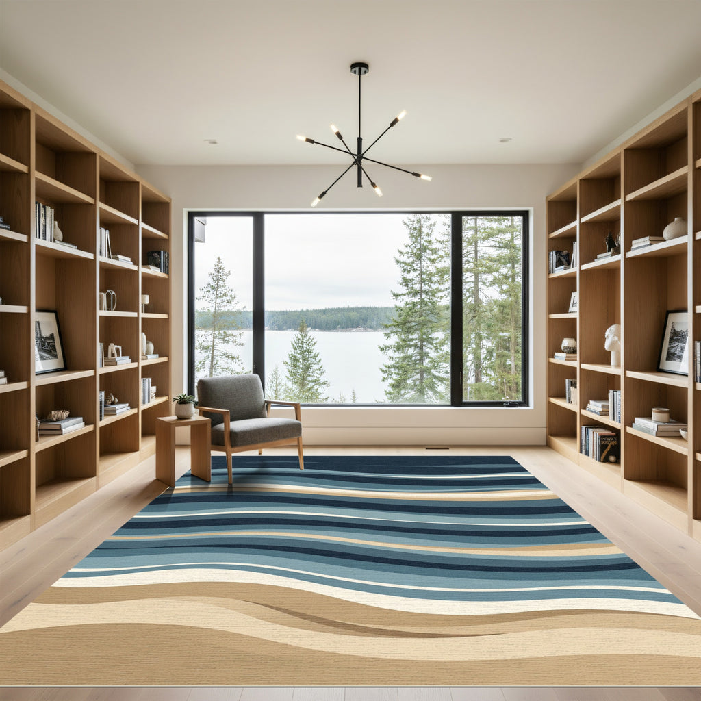 Oceanic Swirl Blue Beige Waves Rug
