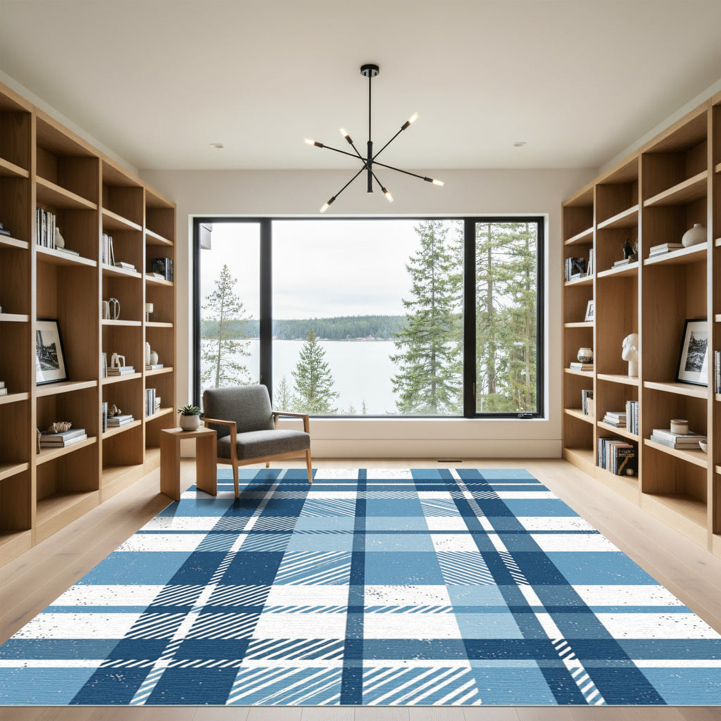 Distressed Blue and White Plaid Tartan Rug