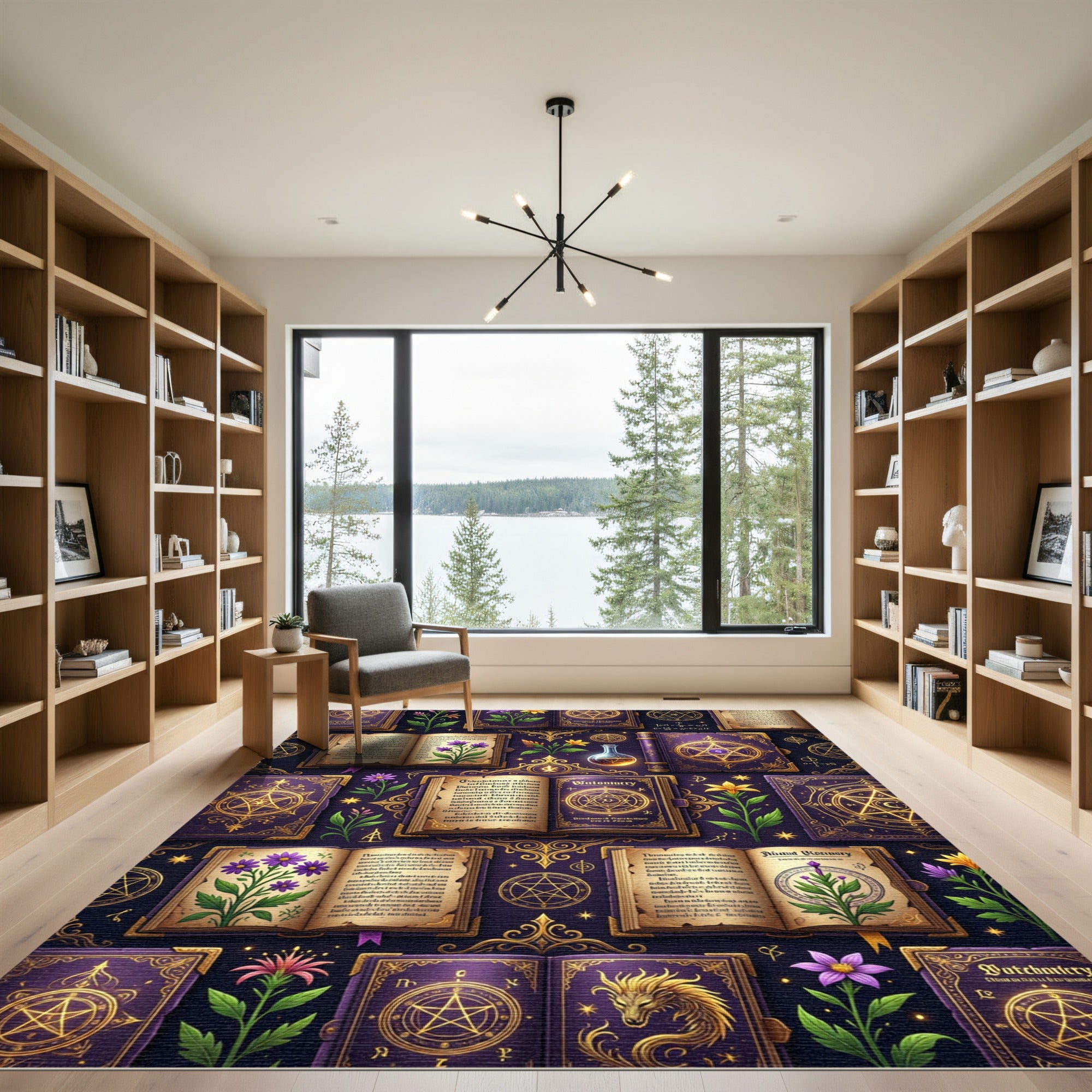 Mystical Purple Golden Occult Grimoire Rug