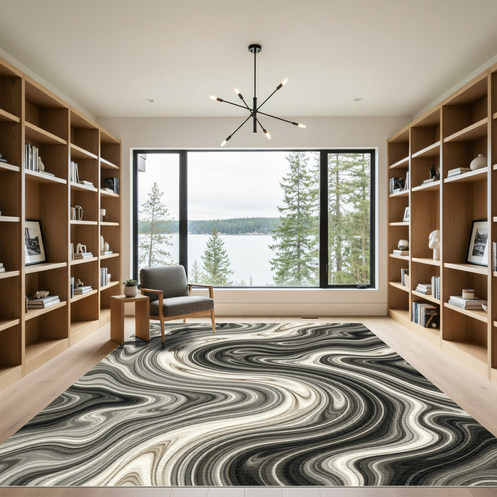 Modern Monochrome Fluid Marble Swirl Rug