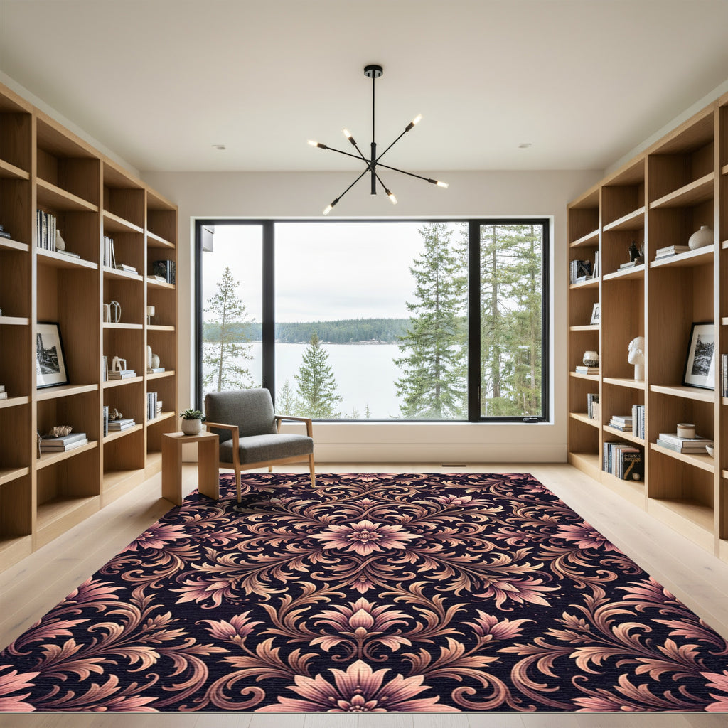 Ornate Damask Floral Rose Gold Tapestry Rug