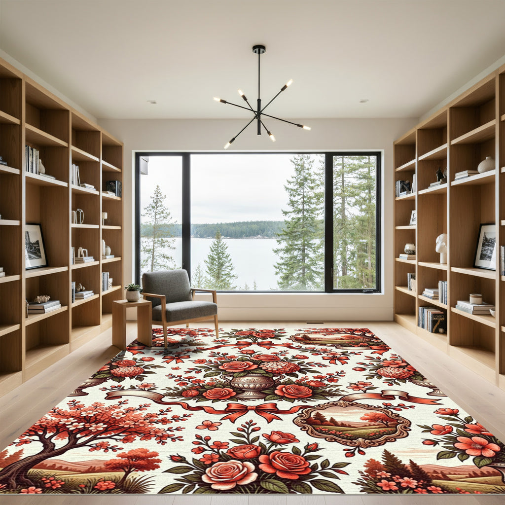 Romantic Crimson Rose Landscape Garden Rug