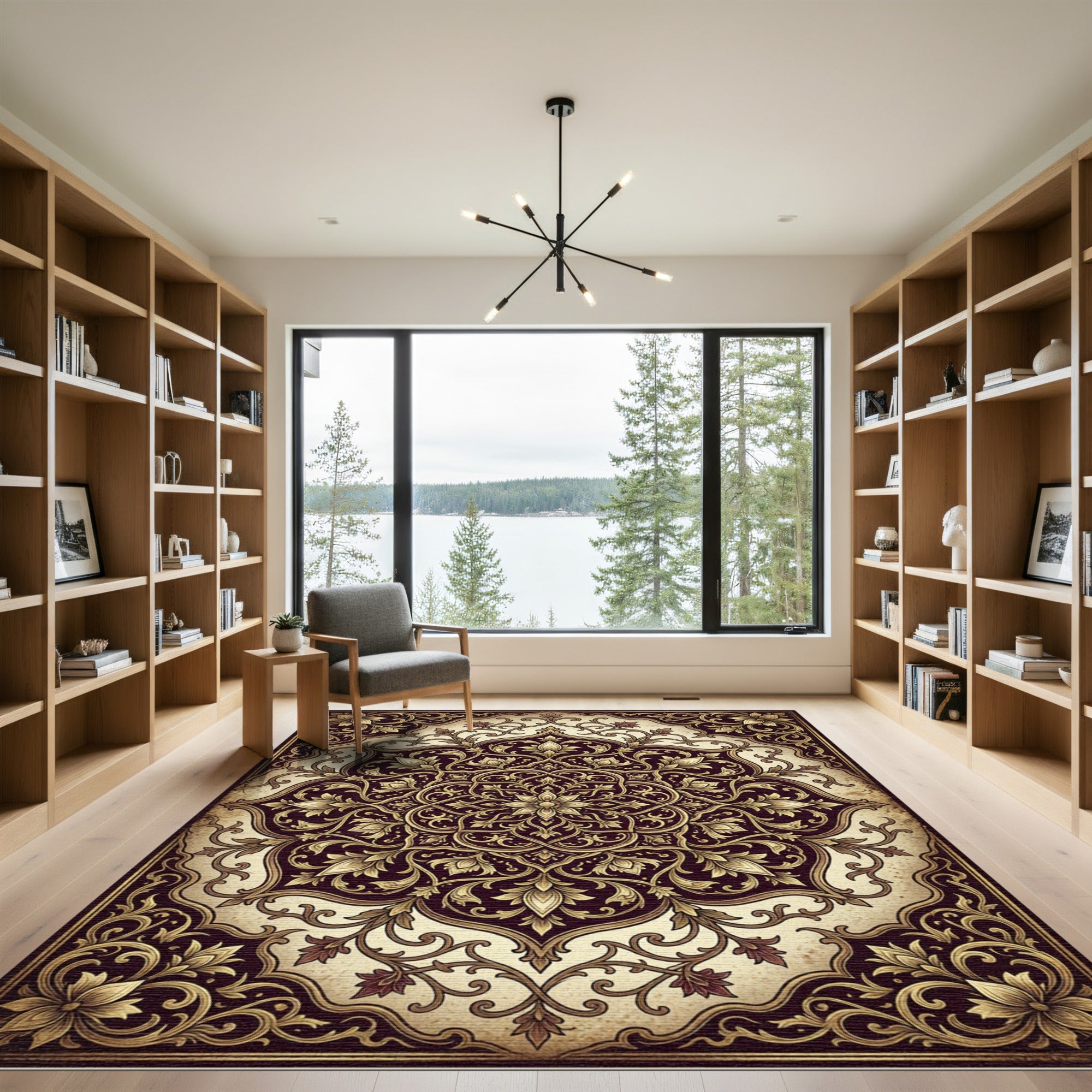Ornate Gold Floral Symmetry Medallion Rug