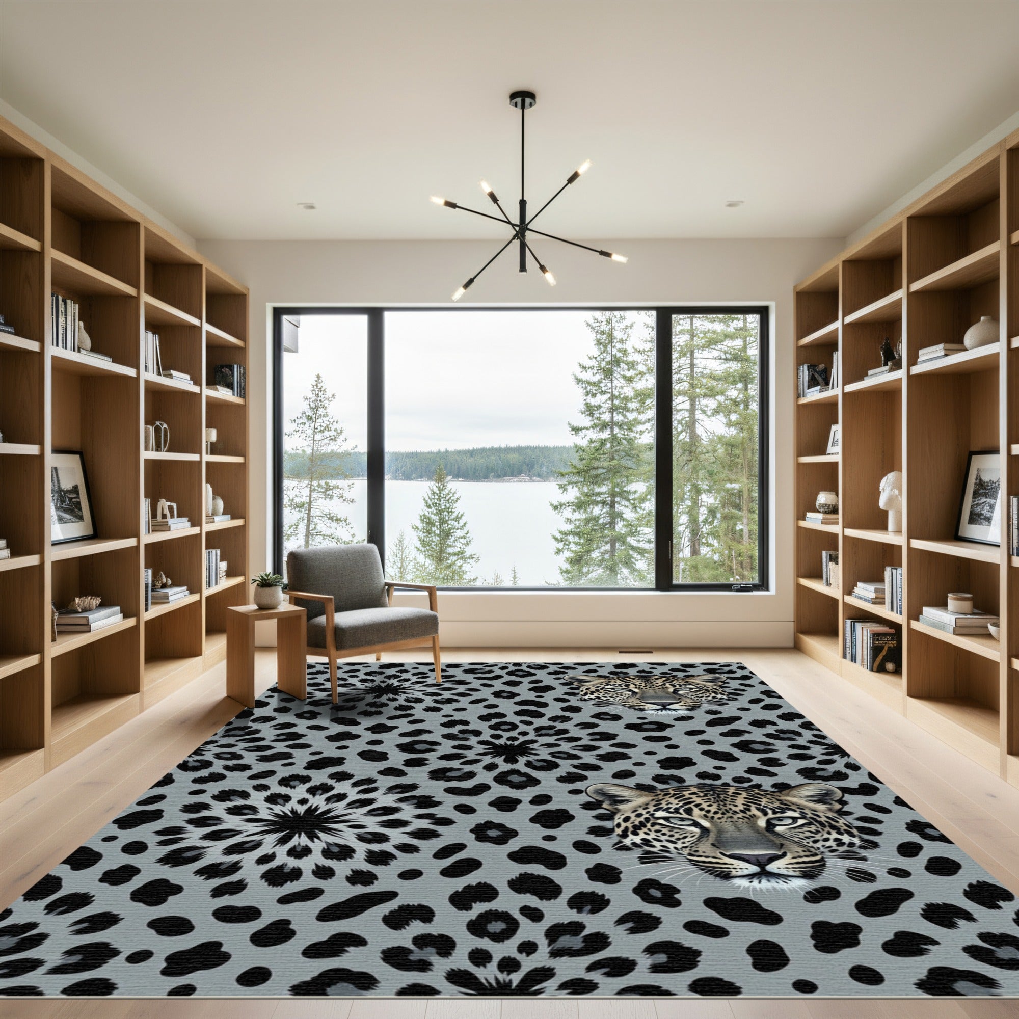 Leopard Head Gray Floral Medallion Rug