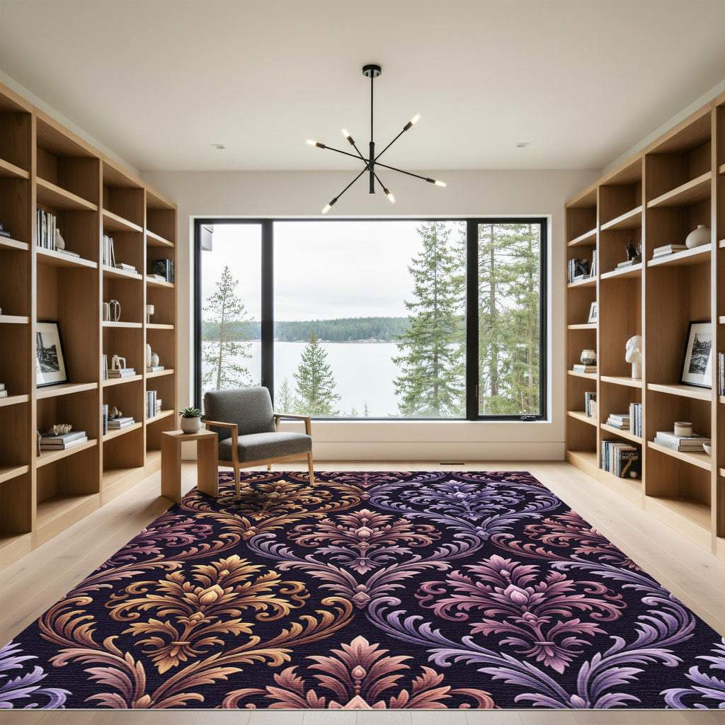 Ornate Gold Purple Floral Damask Rug
