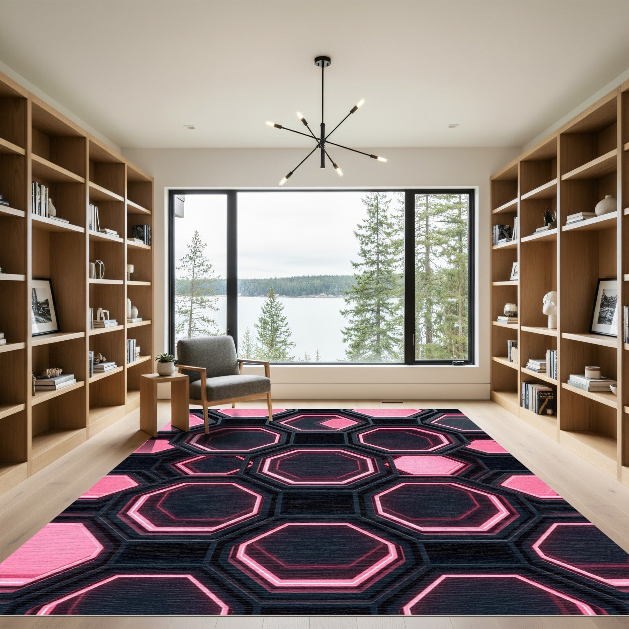 Neon Pink Geometric Hexagonal Grid Rug