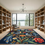 Vibrant Blue Bird Floral Garden Rug