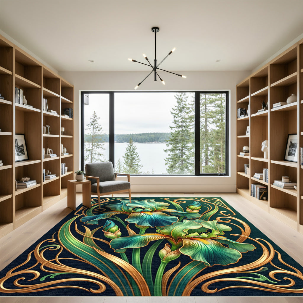 Emerald Iris Floral Art Nouveau Rug
