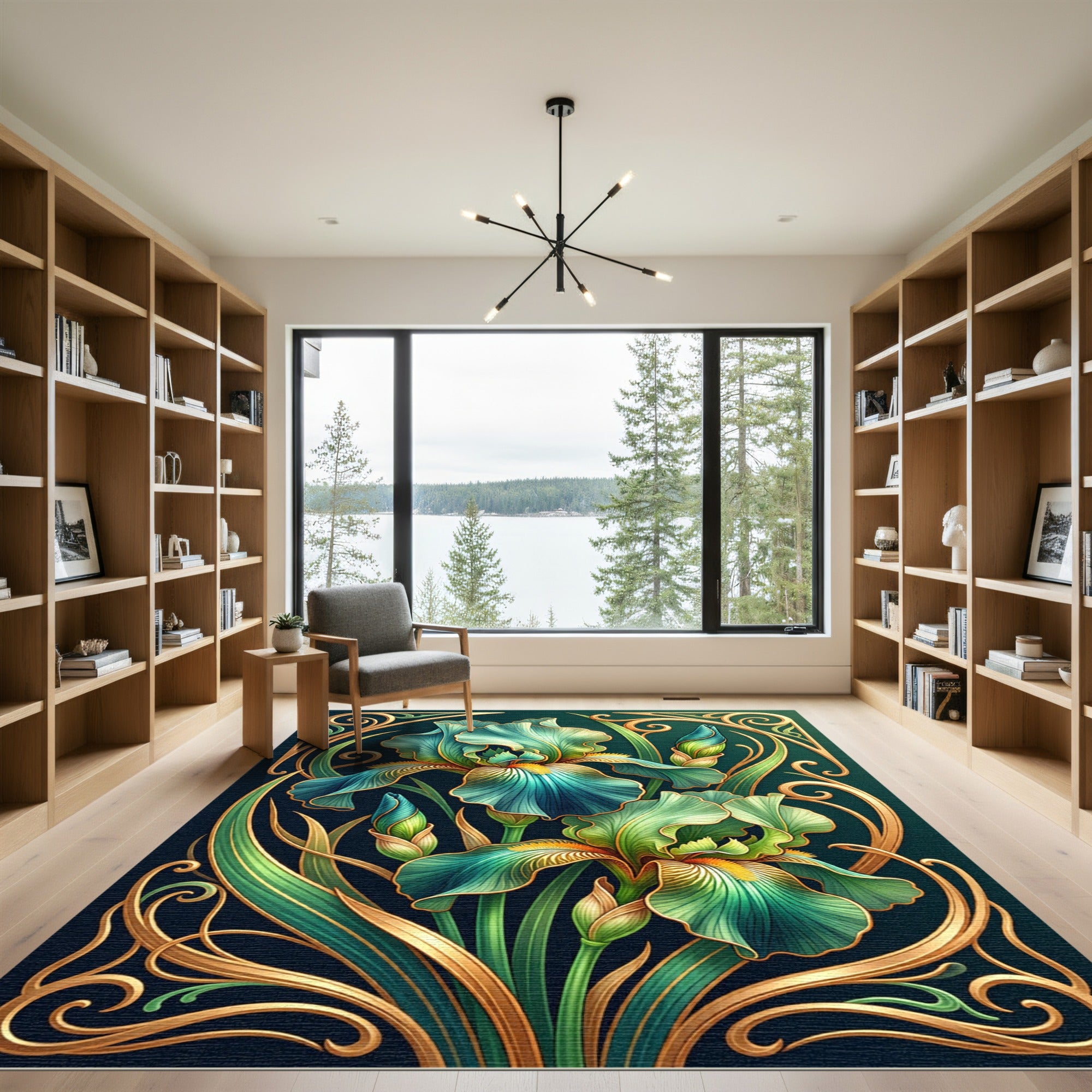 Emerald Iris Floral Art Nouveau Rug