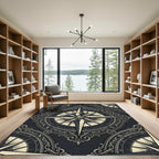 Ornate Nautical Compass Star Black Cream Rug
