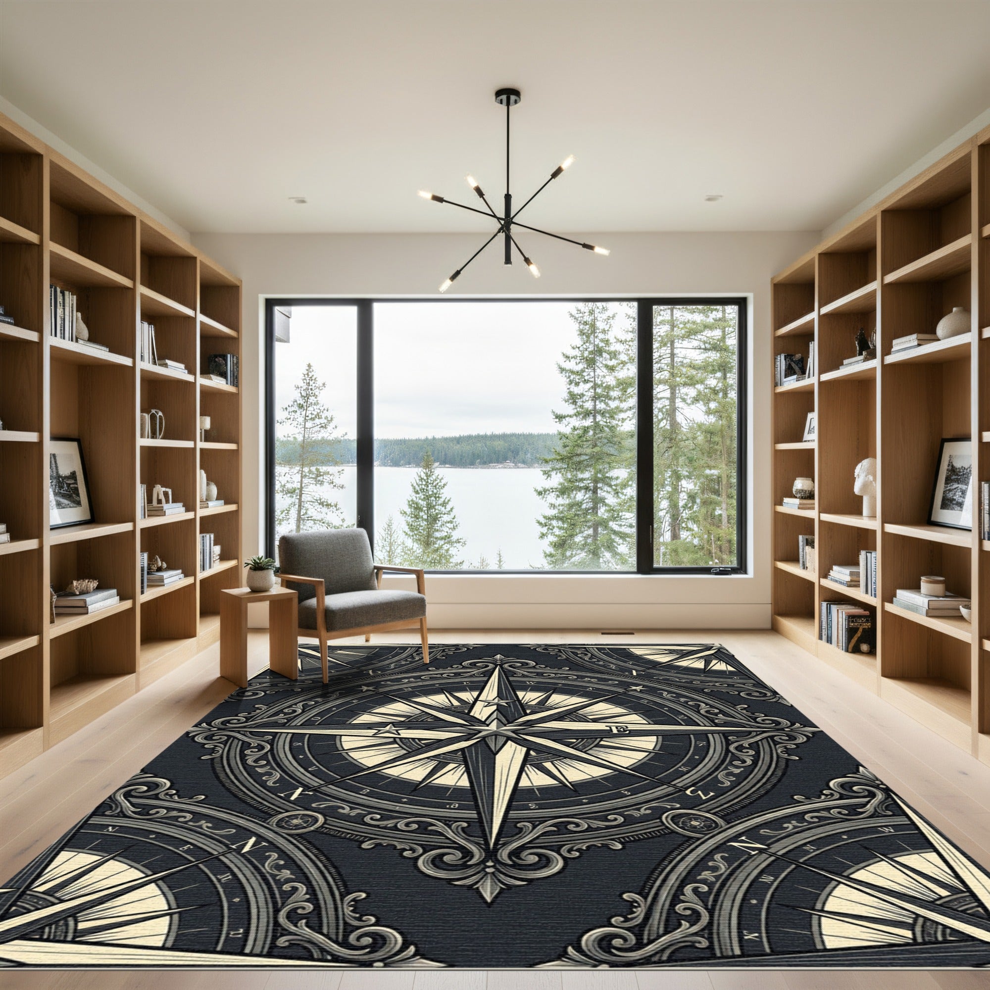 Ornate Nautical Compass Star Black Cream Rug