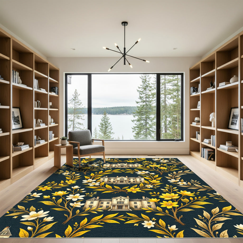 Golden Manor Blossoms on Dark Navy Rug