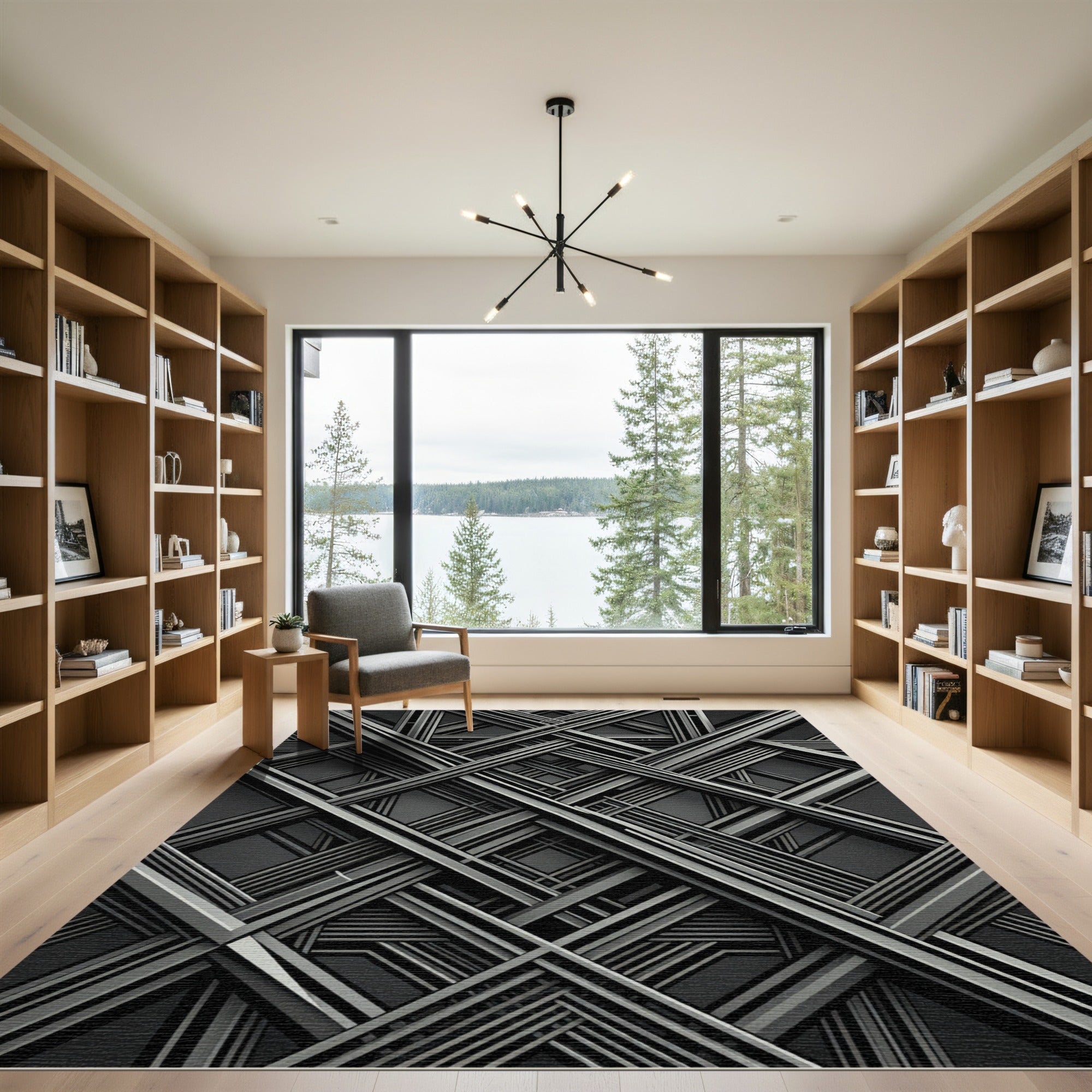 Modern Gray Monochromatic Geometric Lattice Rug
