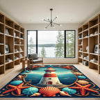 Coastal Lighthouse Starfish Seashell Rope Border Rug