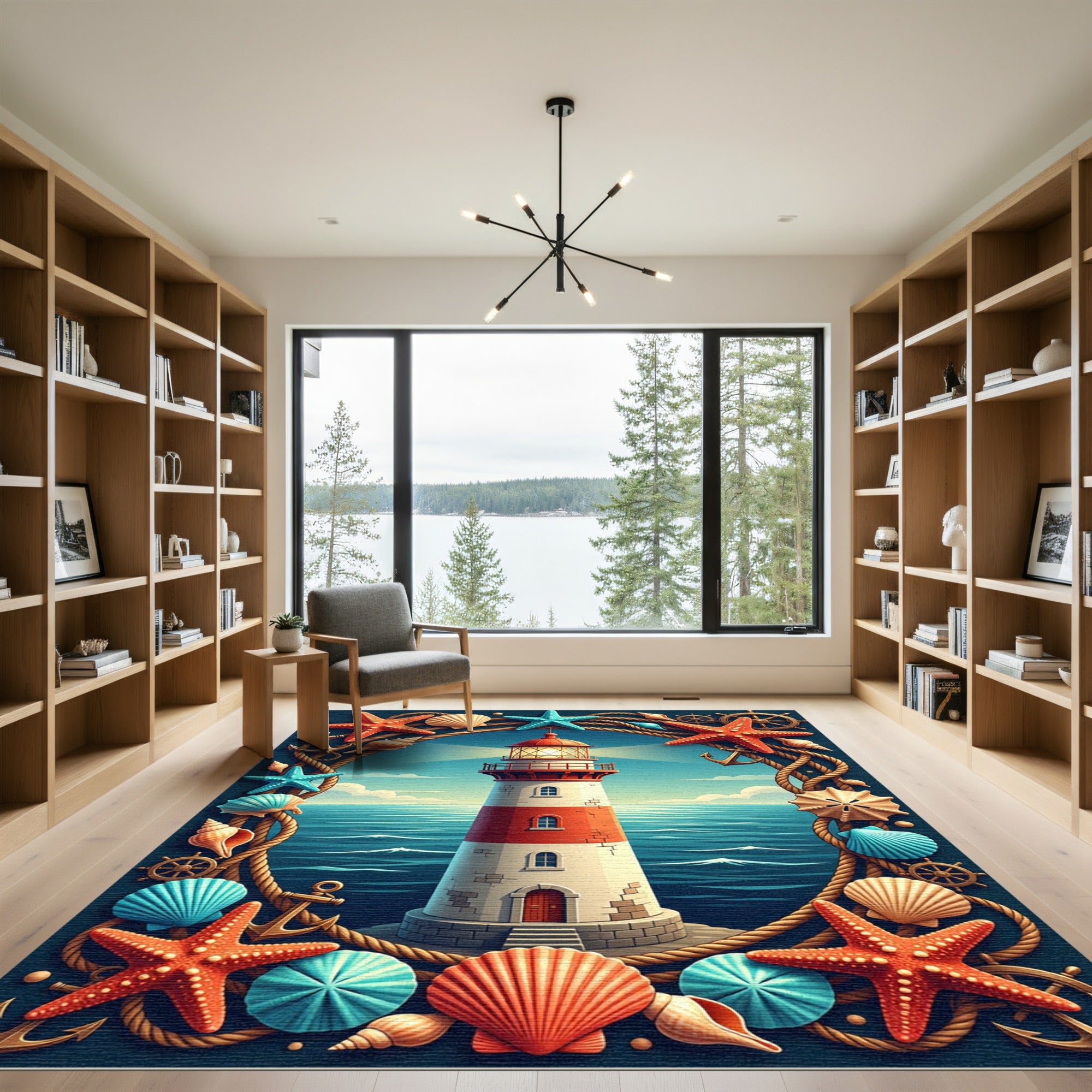 Coastal Lighthouse Starfish Seashell Rope Border Rug