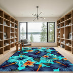 Vibrant Tropical Hibiscus Floral Aqua Rug