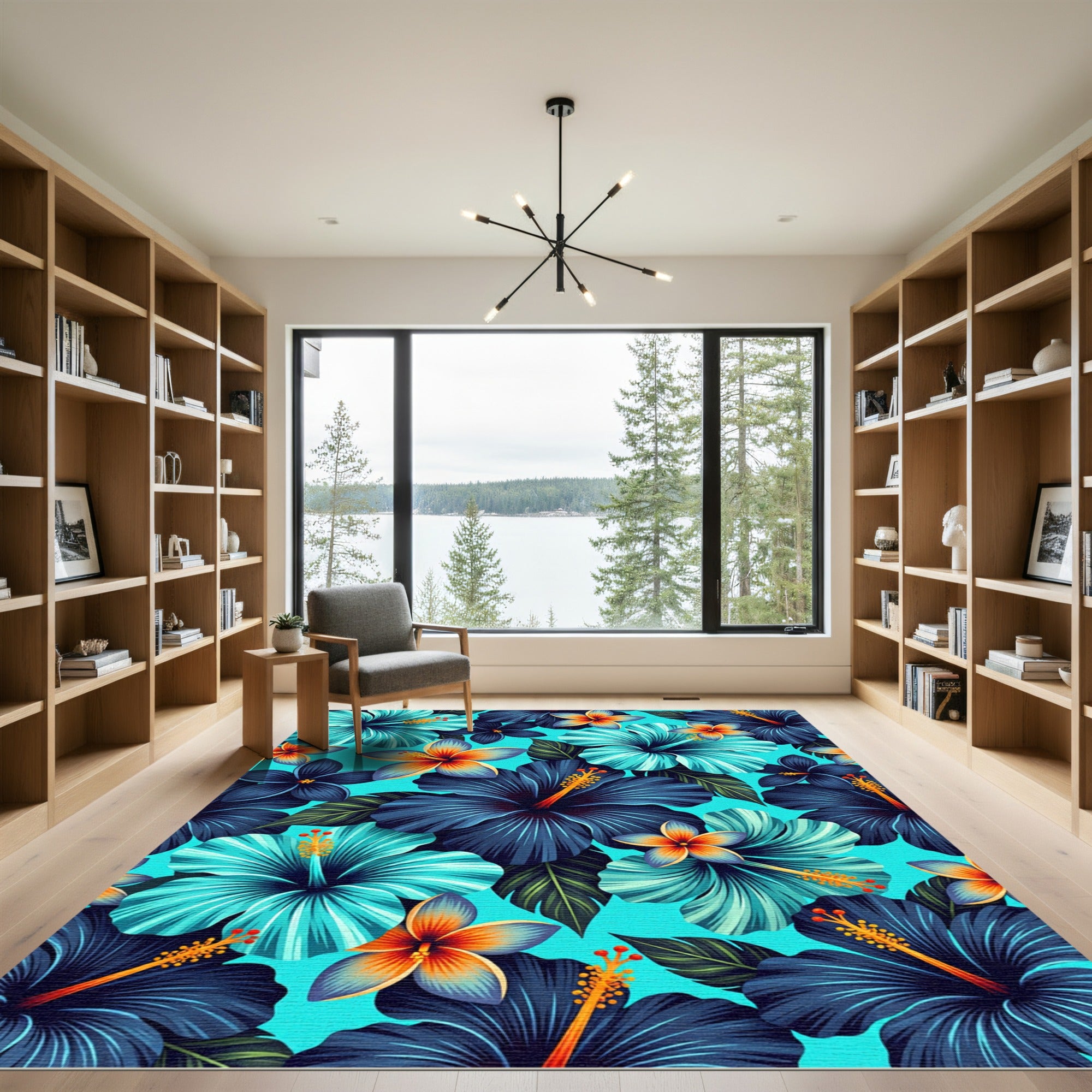 Vibrant Tropical Hibiscus Floral Aqua Rug
