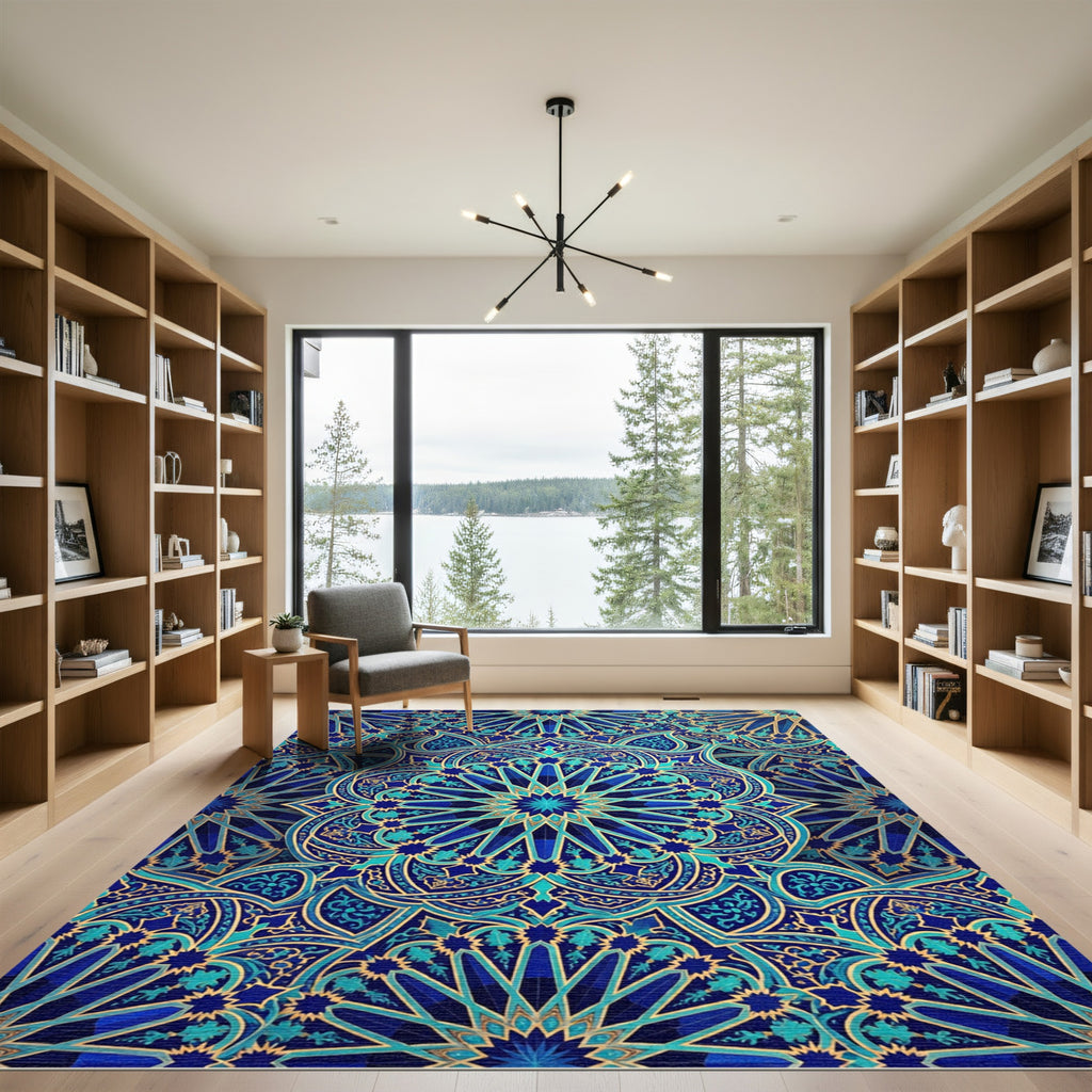 Deep Blue Teal Intricate Star Medallion Rug