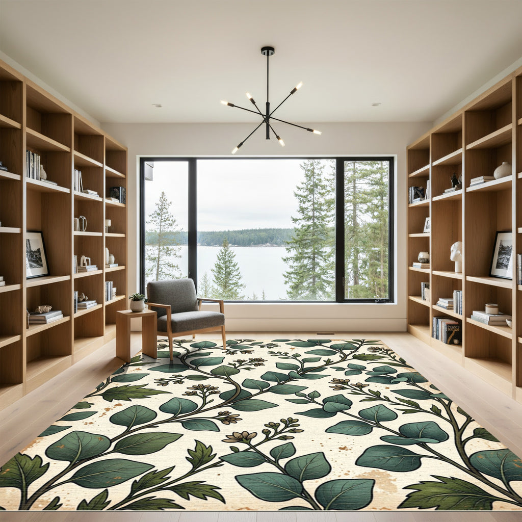 Earthy Green Forest Botanical Foliage Rug