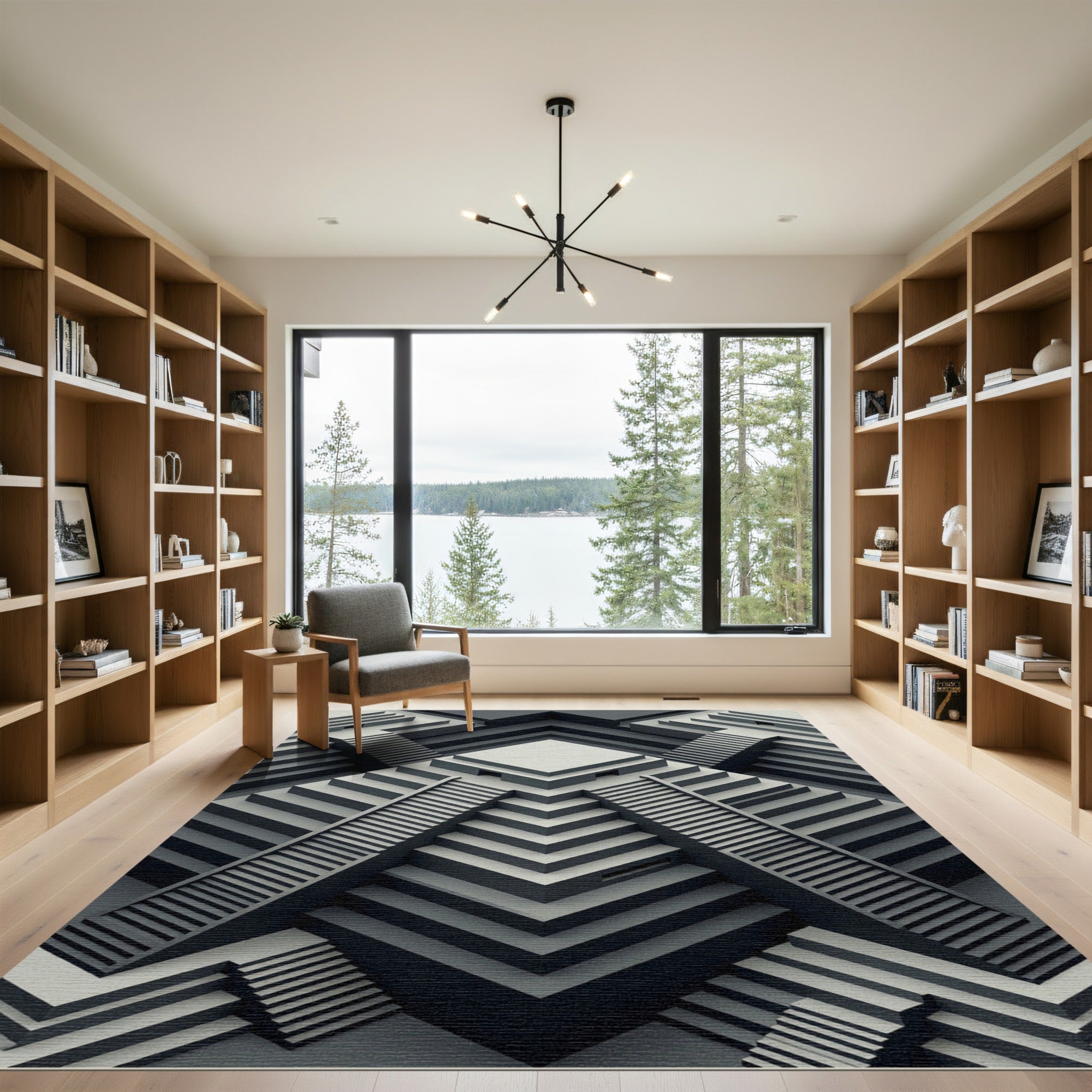 Monochrome Geometric Staircase Ascending Rug