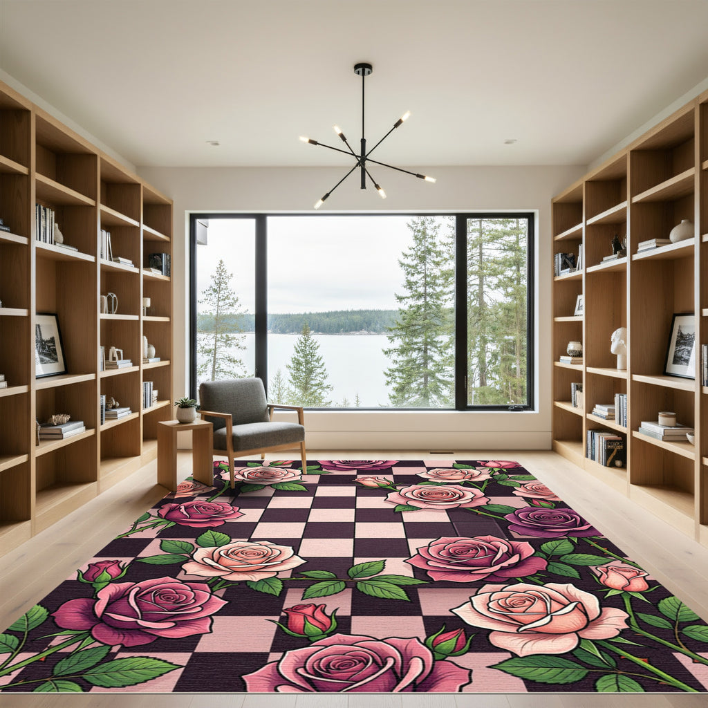 Pink Roses Checkerboard Arrangement Rug