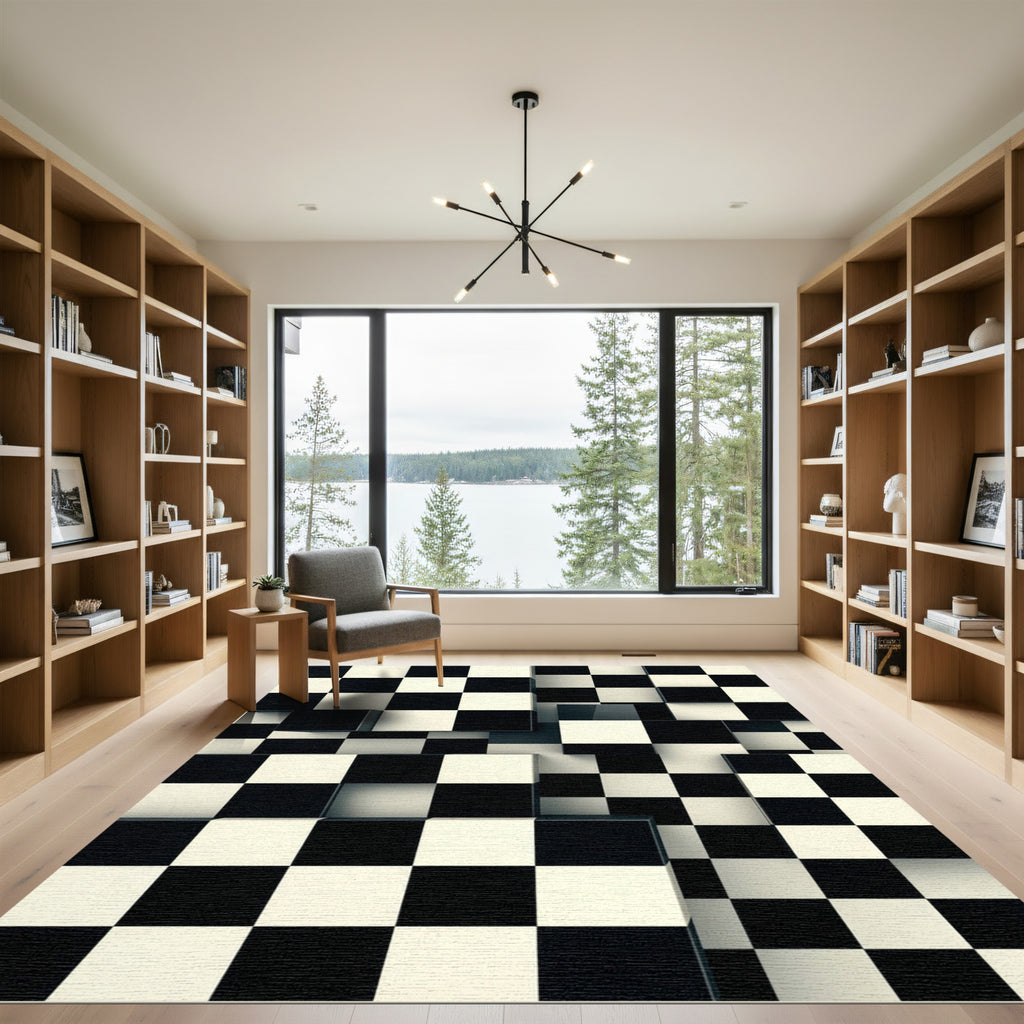 Black White Pixelated Checkerboard Cubes Rug