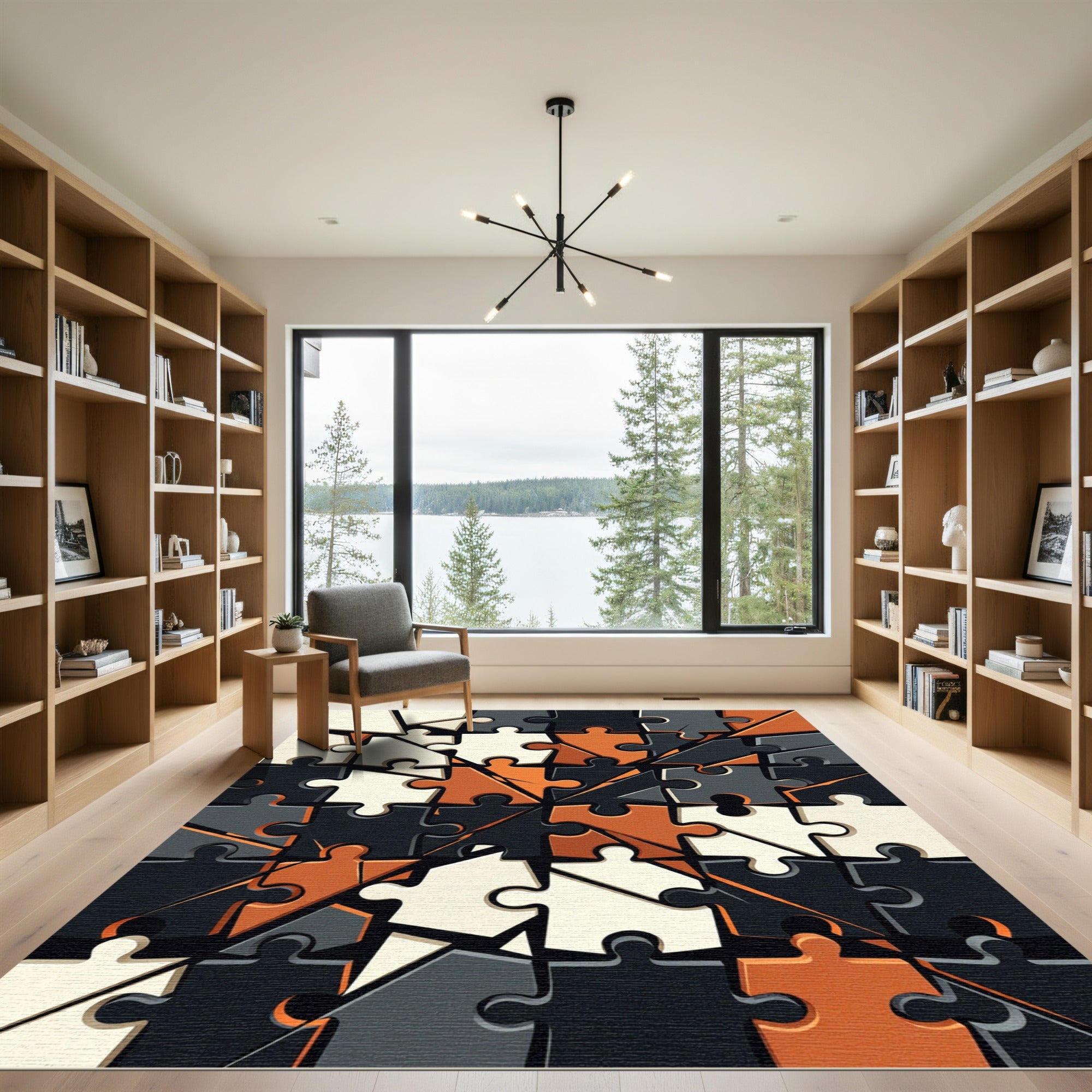 Modern Geometric Monochrome Mosaic Puzzle Rug