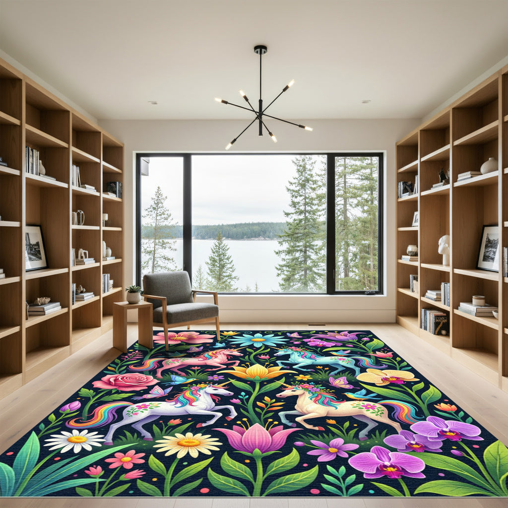 Whimsical Enchanted Unicorn Floral Garden Rug