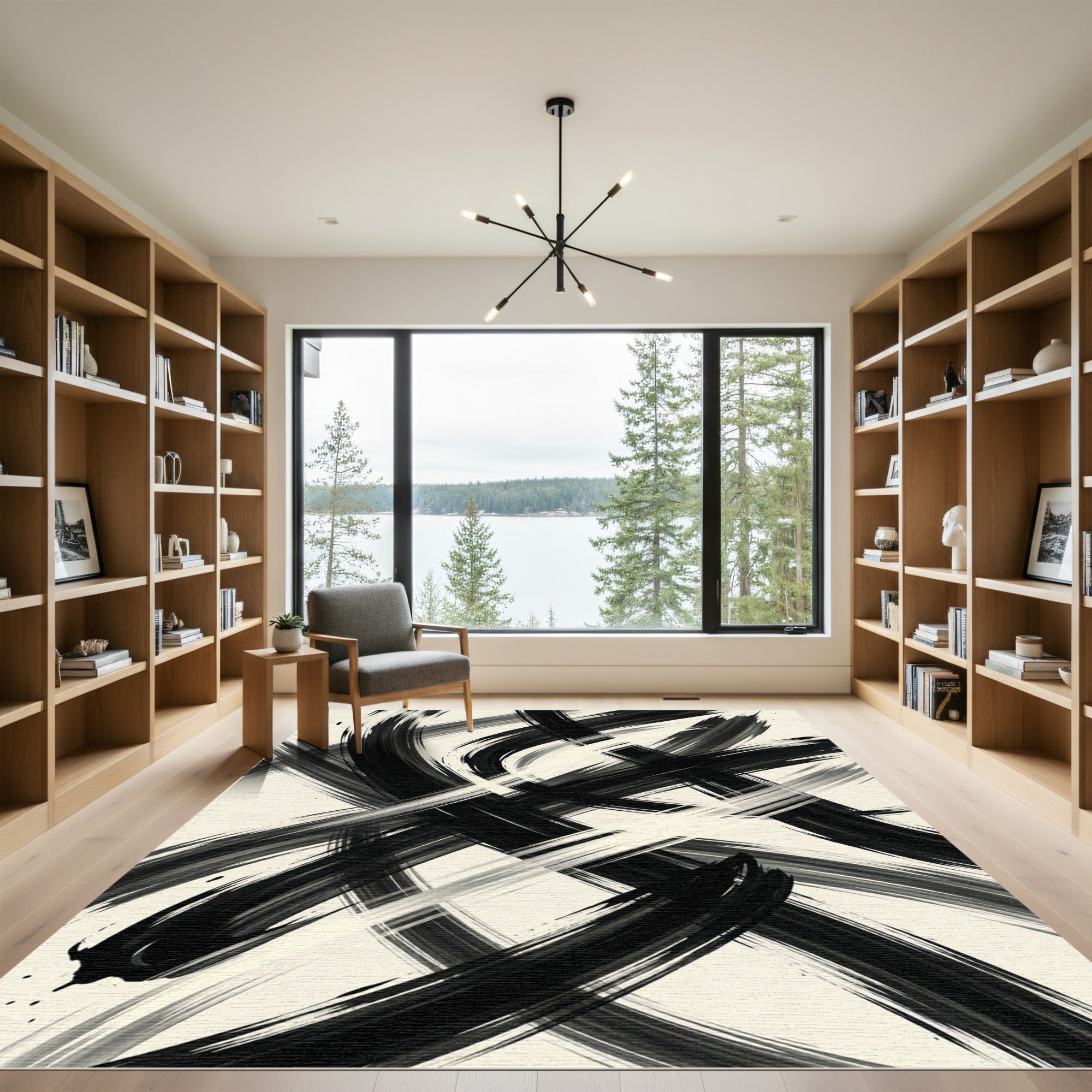 Monochromatic Abstract Black and White Brushstroke Rug
