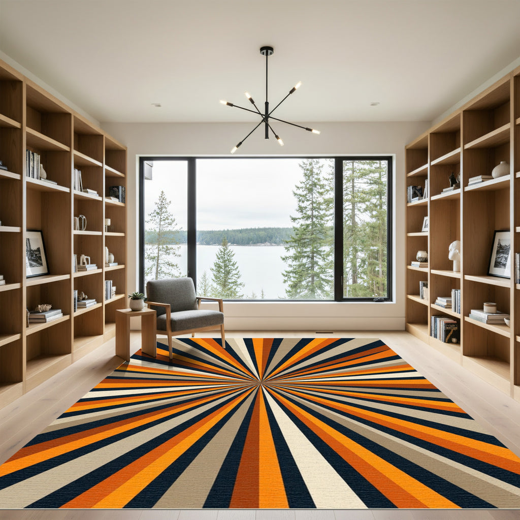 Retro Tangerine Sunburst Radial Rug
