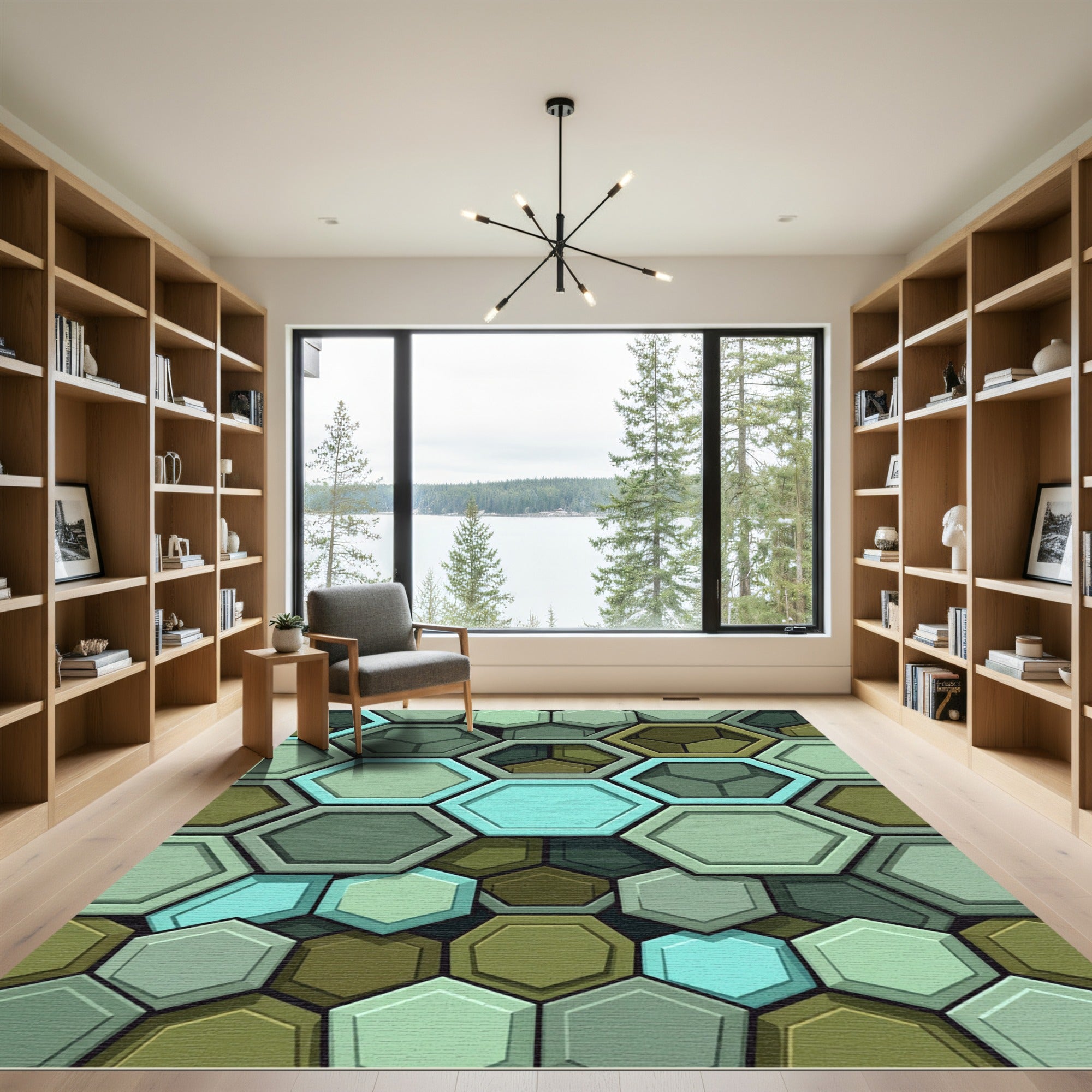 Modern Teal and Sage Hexagonal Grid Rug