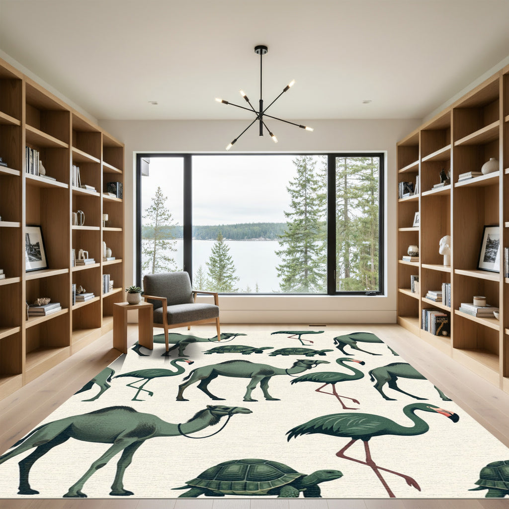 Sage Camel and Flamingo Wildlife Illustration Rug