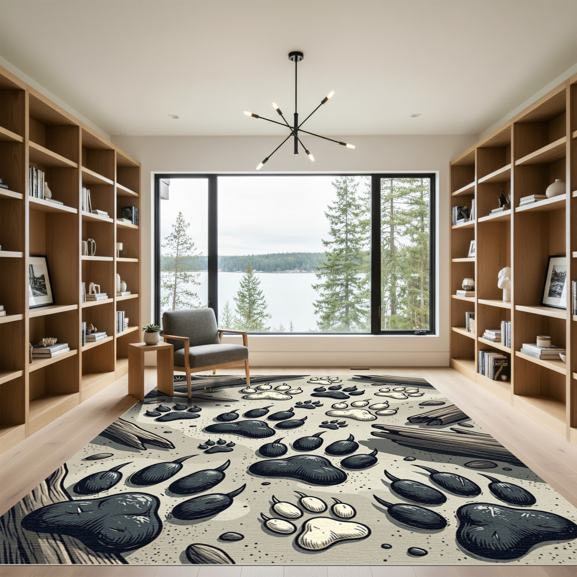 Monochrome Woodland Animal Tracks Illustration Rug